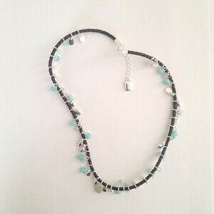 Chaps Faux Leather Cord Bohemian Necklace with Silver Charms and Blue Beads